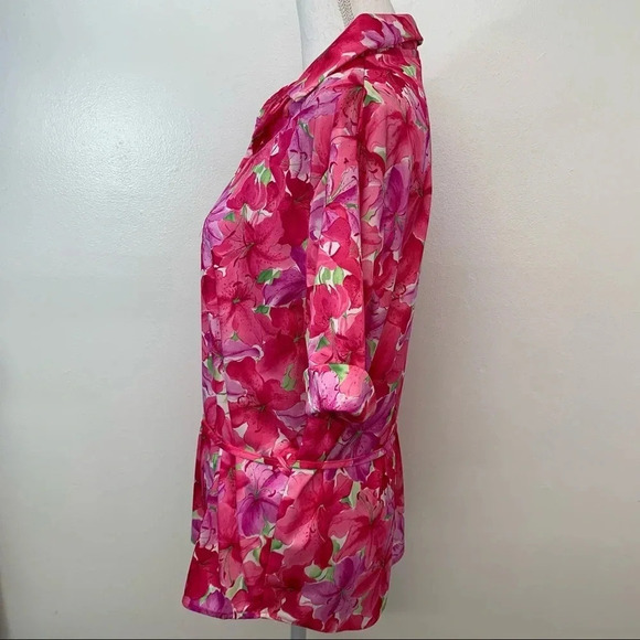 Vintage Pink Floral Blouse Large‎ Pop Over  Waist Tie Office Boho Classic USA - Picture 5 of 9